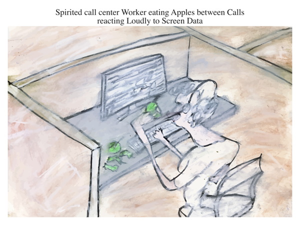 Spirited call center Worker eating Apples between Calls reacting Loudly to Screen Data