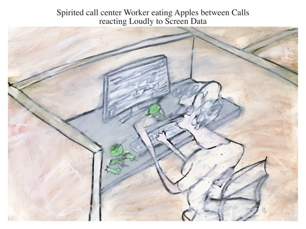 Spirited call center Worker eating Apples between Calls reacting Loudly to Screen Data
