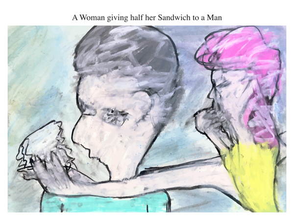A Woman giving half her Sandwich to a Man