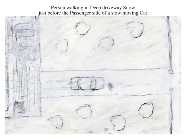 Person walking in Deep driveway Snow just before the Passenger side of a slow moving Car