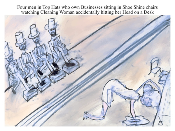 Four men in Top Hats who own Businesses sitting in Shoe Shine chairs watching Cleaning Woman accidentally hitting her Head on a Desk