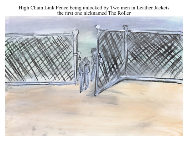 High Chain Link Fence being unlocked by Two men in Leather Jackets the first one nicknamed The Roller