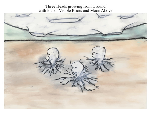 Three Heads growing from Ground with lots of Visible Roots and Moon Above