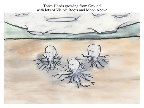 Three Heads growing from Ground with lots of Visible Roots and Moon Above