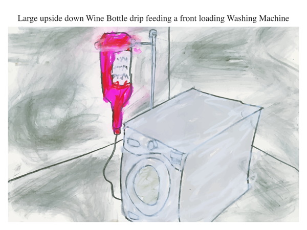 Large upside down Wine Bottle drip feeding a front loading Washing Machine
