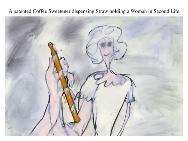 A patented Coffee Sweetener dispensing Straw holding a Woman in Second Life
