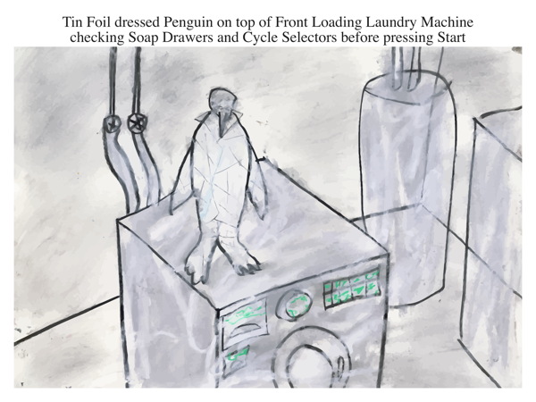 Tin Foil dressed Penguin on top of Front Loading Laundry Machine checking Soap Drawers and Cycle Selectors before pressing Start