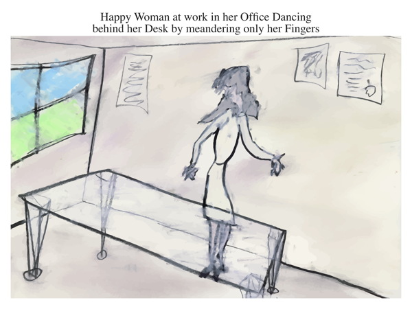 Happy Woman at work in her Office Dancing behind her Desk by meandering only her Fingers
