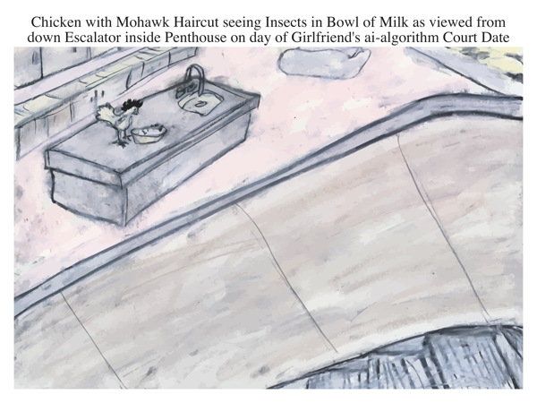 Chicken with Mohawk Haircut seeing Insects in Bowl of Milk as viewed from down Escalator inside Penthouse on day of Girlfriend's ai-algorithm Court Date