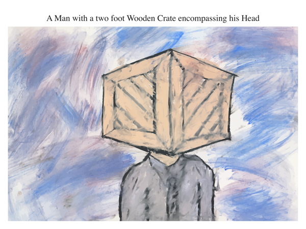 A Man with a two foot Wooden Crate encompassing his Head