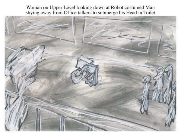 Woman on Upper Level looking down at Robot costumed Man shying away from Office talkers to submerge his Head in Toilet