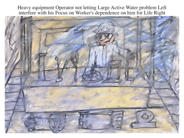 Heavy equipment Operator not letting Large Active Water problem Left interfere with his Focus on Worker's dependence on him for Life Right