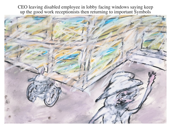 CEO leaving disabled employee in lobby facing windows saying keep up the good work receptionists then returning to important Symbols