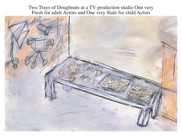 Two Trays of Doughnuts at a TV production studio One very Fresh for adult Actors and One very Stale for child Actors