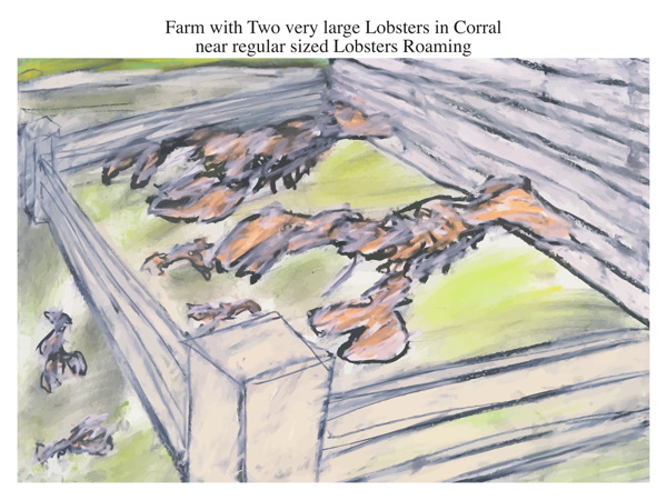 Farm with Two very large Lobsters in Corral near regular sized Lobsters Roaming