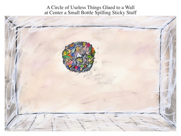 A Circle of Useless Things Glued to a Wall at Center a Small Bottle Spilling Sticky Stuff