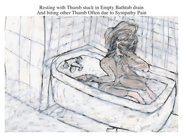 Resting with Thumb stuck in Empty Bathtub drain And biting other Thumb Often due to Sympathy Pain