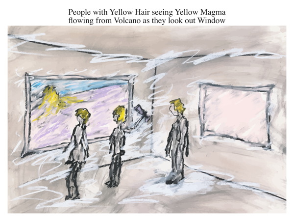 People with Yellow Hair seeing Yellow Magma flowing from Volcano as they look out Window