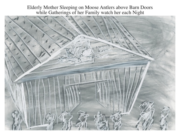 Elderly Mother Sleeping on Moose Antlers above Barn Doors while Gatherings of her Family watch her each Night