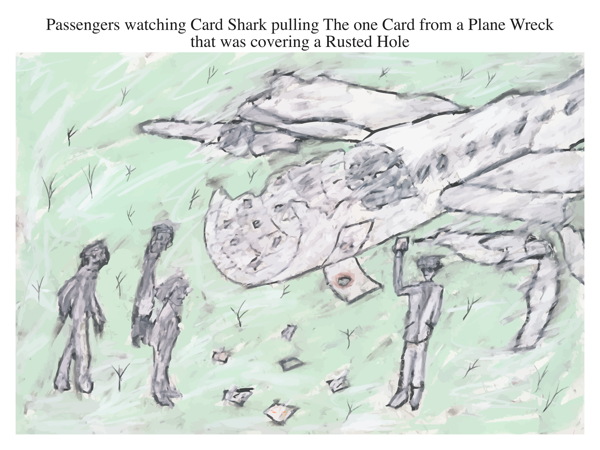 Passengers watching Card Shark pulling The one Card from a Plane Wreck that was covering a Rusted Hole