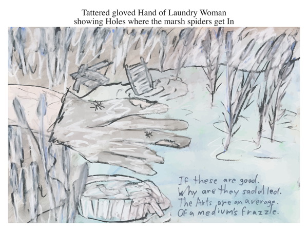 Tattered gloved Hand of Laundry Woman showing Holes where the marsh spiders get In