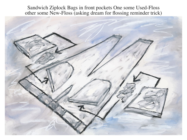 Sandwich Ziplock Bags in front pockets One some Used-Floss other some New-Floss (asking dream for flossing reminder trick)