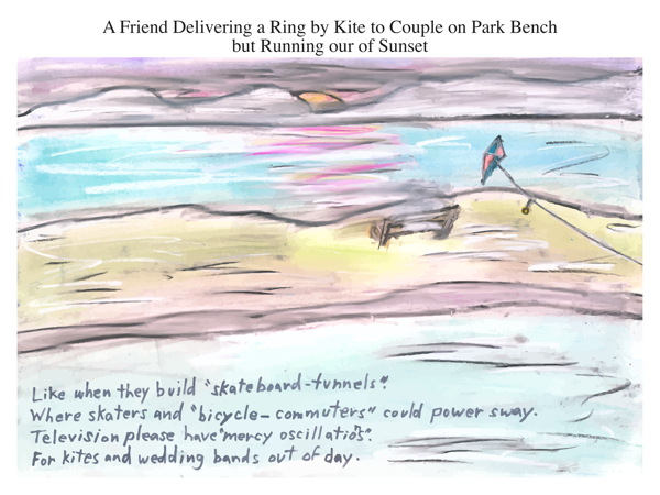 A Friend Delivering a Ring by Kite to Couple on Park Bench but Running our of Sunset