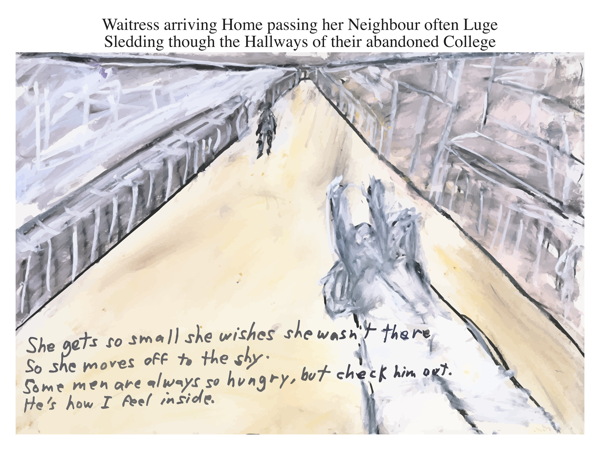 Waitress arriving Home passing her Neighbour often Luge Sledding though the Hallways of their abandoned College