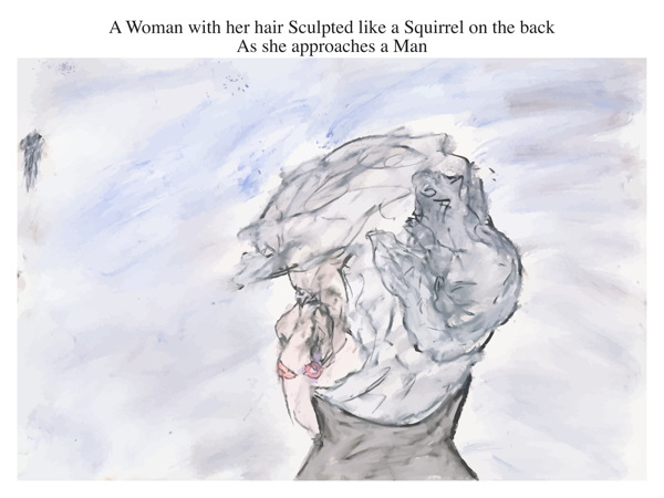 A Woman with her hair Sculpted like a Squirrel on the back As she approaches a Man