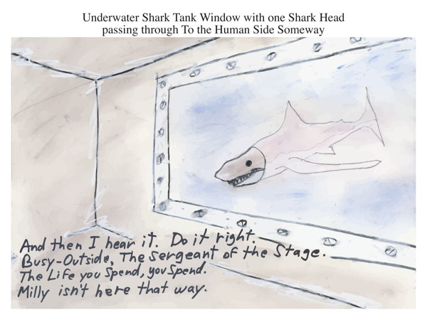 Underwater Shark Tank Window with one Shark Head passing through To the Human Side Someway