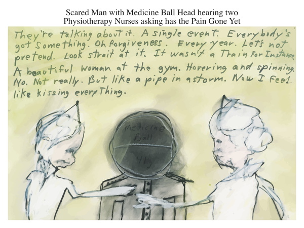 Scared Man with Medicine Ball Head hearing two Physiotherapy Nurses asking has the Pain Gone Yet