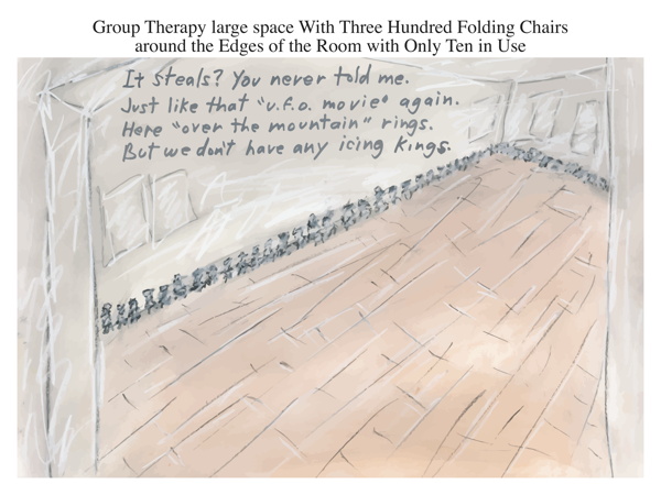 Group Therapy large space With Three Hundred Folding Chairs around the Edges of the Room with Only Ten in Use