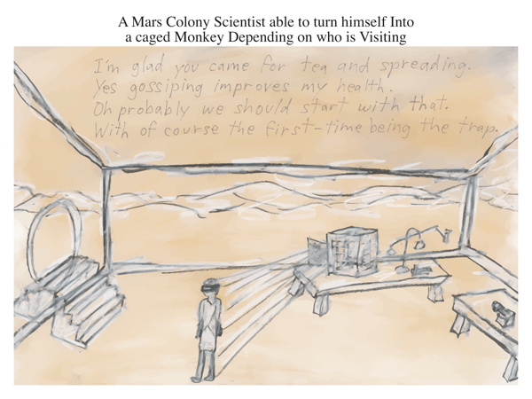 A Mars Colony Scientist able to turn himself Into a caged Monkey Depending on who is Visiting