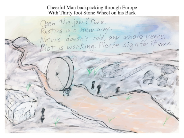 Cheerful Man backpacking through Europe With Thirty foot Stone Wheel on his Back