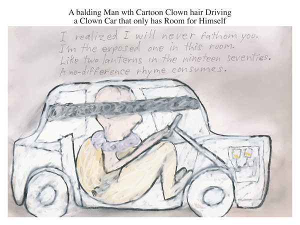 A balding Man wth Cartoon Clown hair Driving a Clown Car that only has Room for Himself
