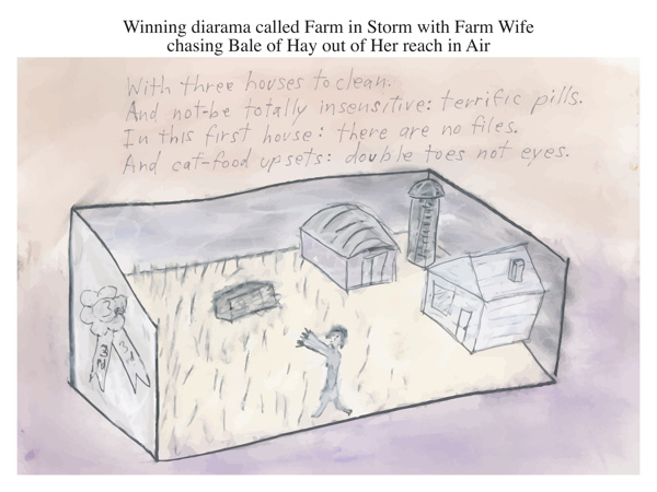 Winning diarama called Farm in Storm with Farm Wife chasing Bale of Hay out of Her reach in Air