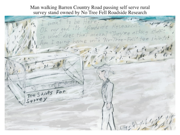 Man walking Barren Country Road passing self serve rural survey stand owned by No Tree Fell Roadside Research