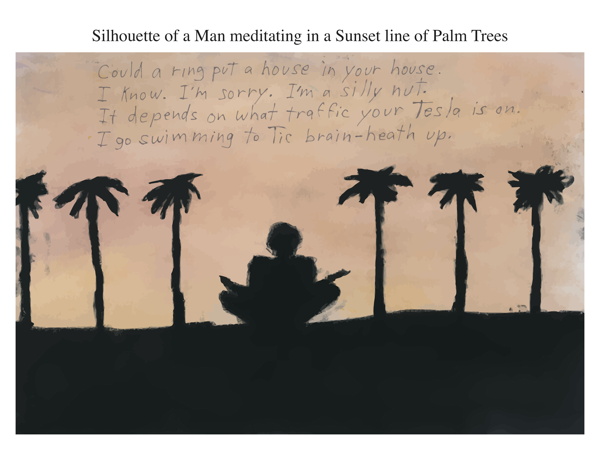 Silhouette of a Man meditating in a Sunset line of Palm Trees
