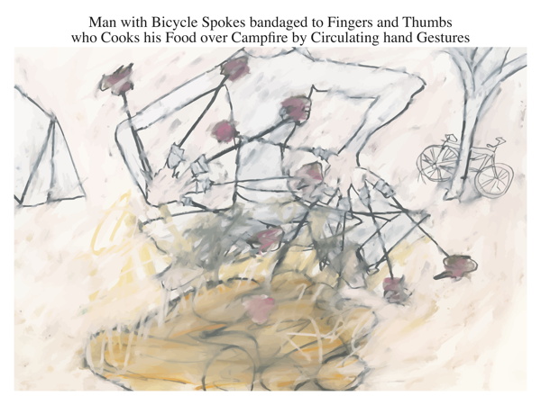 Man with Bicycle Spokes bandaged to Fingers and Thumbs who Cooks his Food over Campfire by Circulating hand Gestures