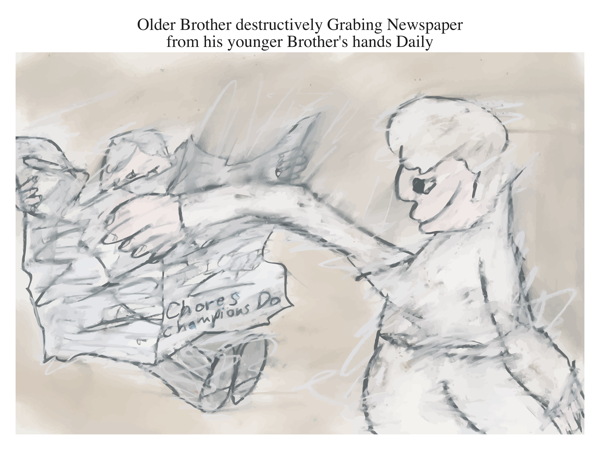 Older Brother destructively Grabing Newspaper from his younger Brother's hands Daily