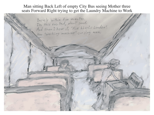 Man sitting Back Left of empty City Bus seeing Mother three seats Forward Right trying to get the Laundry Machine to Work