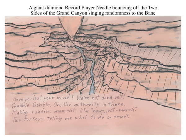 A giant diamond Record Player Needle bouncing off the Two Sides of the Grand Canyon singing randomness to the Bane