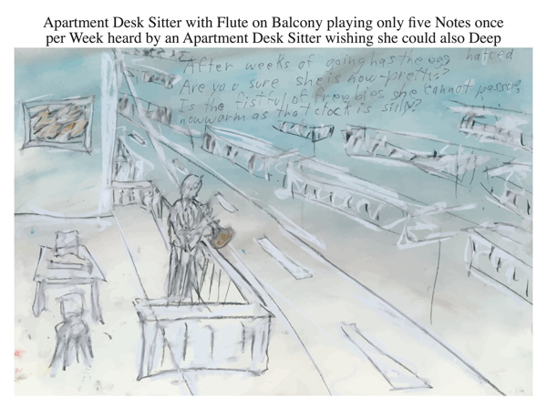 Apartment Desk Sitter with Flute on Balcony playing only five Notes once per Week heard by an Apartment Desk Sitter wishing she could also Deep