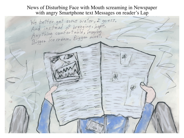 News of Disturbing Face with Mouth screaming in Newspaper with angry Smartphone text Messages on reader's Lap