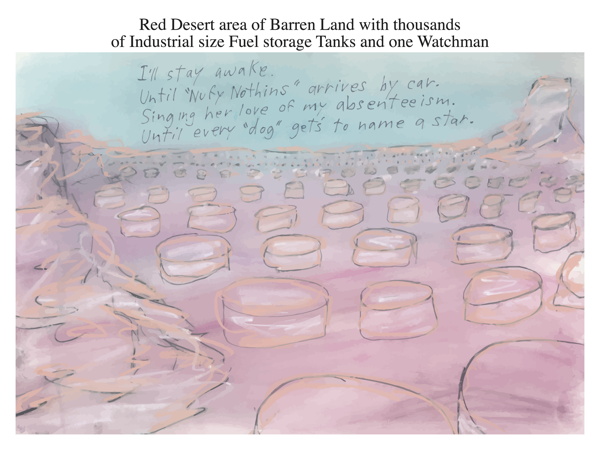 Red Desert area of Barren Land with thousands of Industrial size Fuel storage Tanks and one Watchman