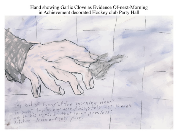 Hand showing Garlic Clove as Evidence Of-next-Morning in Achievement decorated Hockey club Party Hall