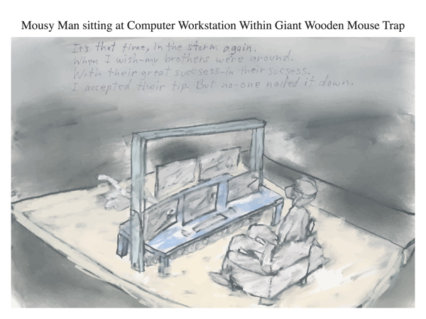 Mousy Man sitting at Computer Workstation Within Giant Wooden Mouse Trap