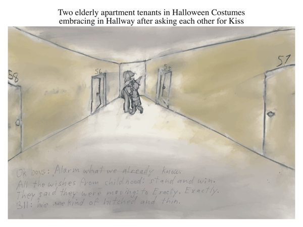Two elderly apartment tenants in Halloween Costumes embracing in Hallway after asking each other for Kiss