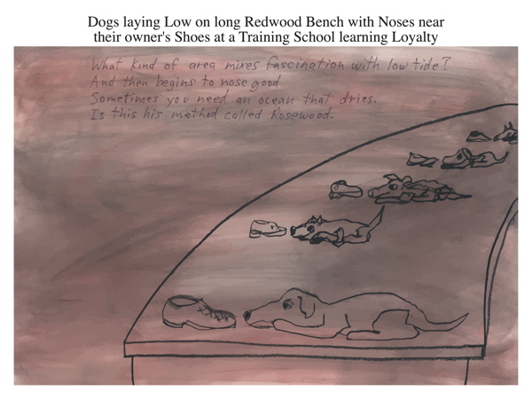Dogs laying Low on long Redwood Bench with Noses near their owner's Shoes at a Training School learning Loyalty