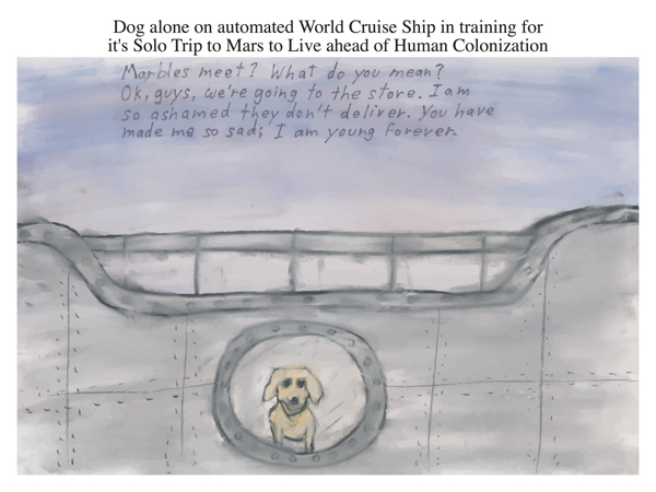 Dog alone on automated World Cruise Ship in training for it's Solo Trip to Mars to Live ahead of Human Colonization